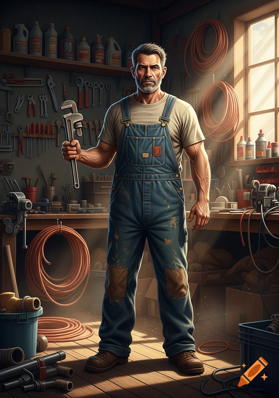 A grizzled plumber in blue overalls holds a large pipe wrench, standing in a sunlit workshop filled with various tools.