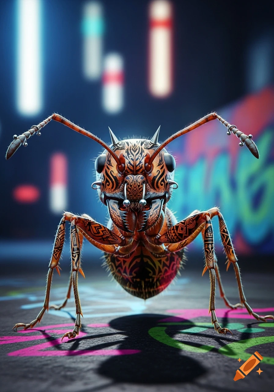 A highly detailed, stylized ant with intricate tribal-like tattoos and metal piercings stands against a blurry, colorful graffiti background.