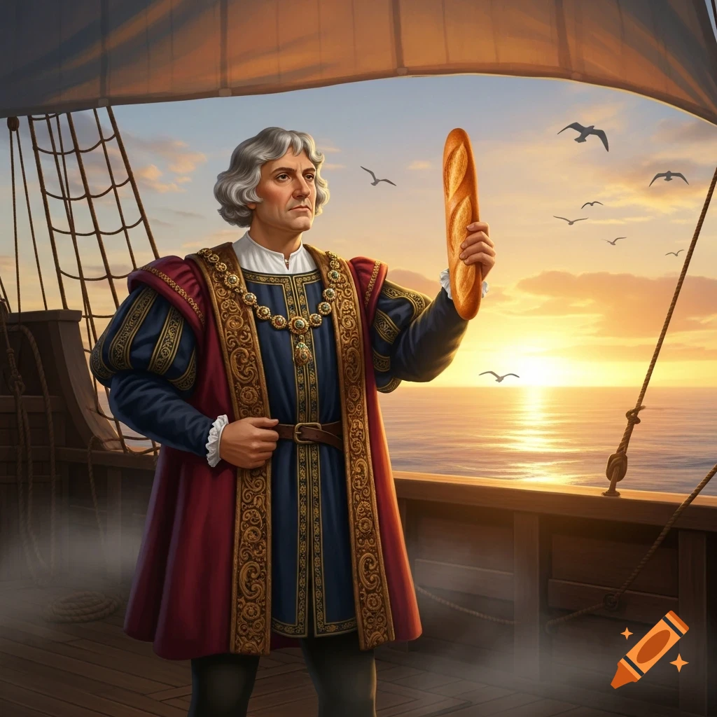 A detailed digital art image of Christopher Columbus in historical attire on a ship, holding a baguette at sunset over the ocean.
