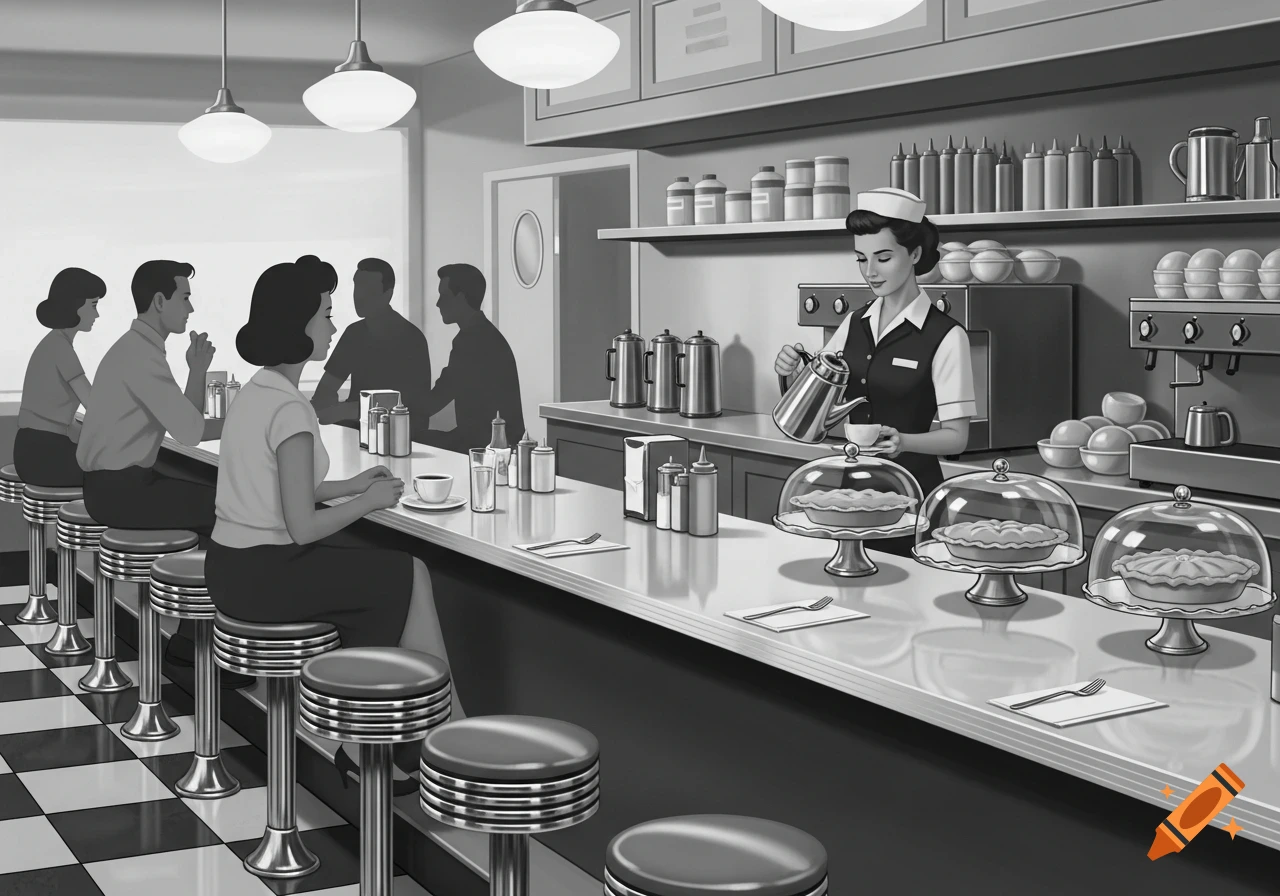 Grayscale 1950s diner scene with a waitress pouring coffee for customers at the counter.