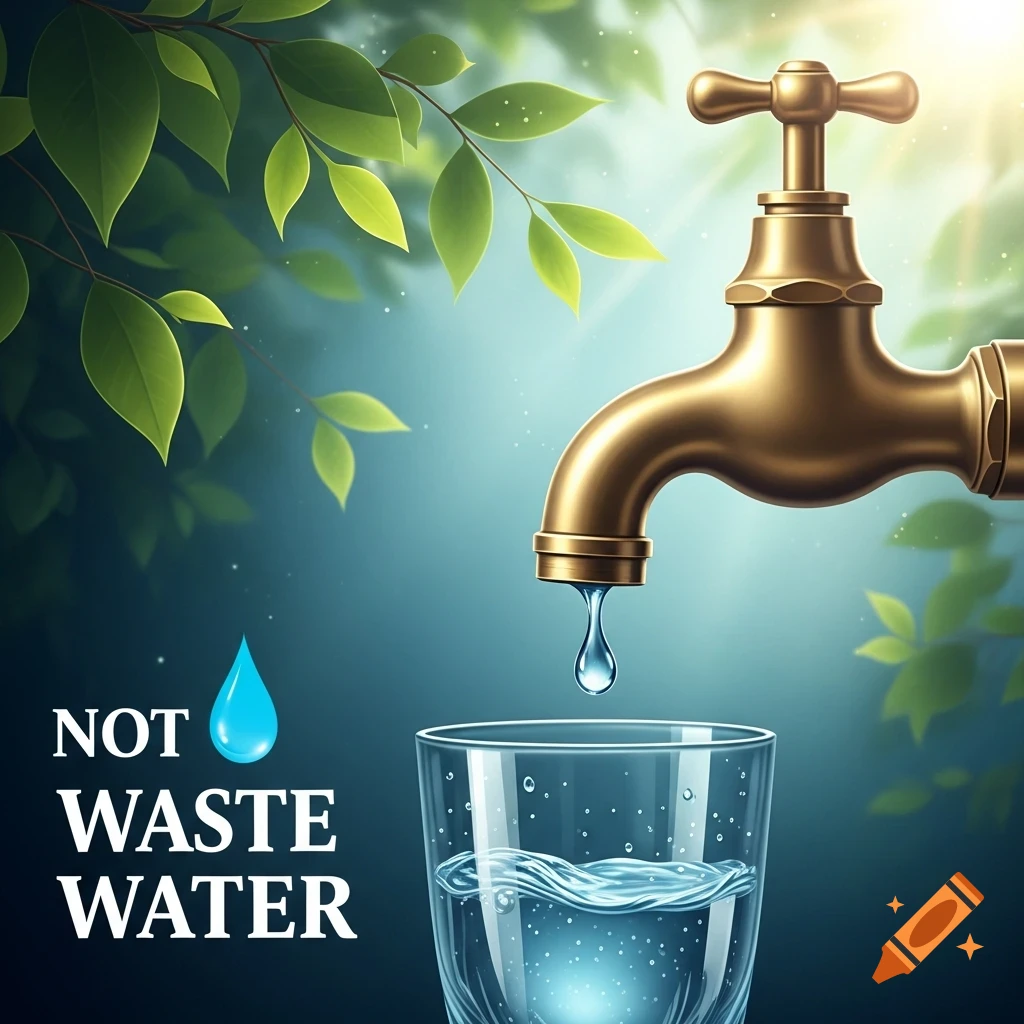 A golden faucet drips water into a glass under green leaves, with text 'NOT WASTE WATER' promoting conservation.