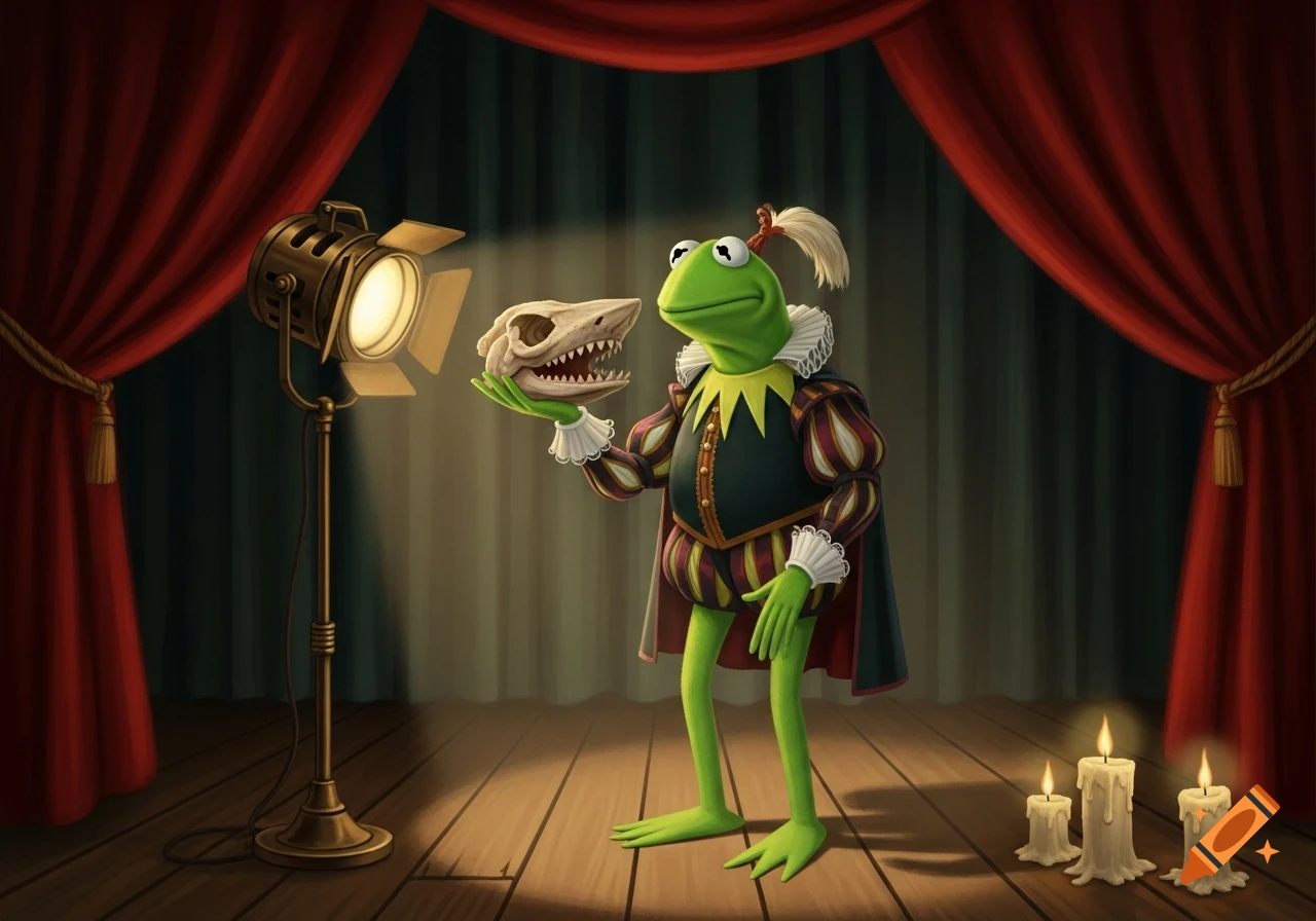 Kermit the Frog in a Shakespearean costume holds a shark skull on a dimly lit stage with a spotlight and candles.