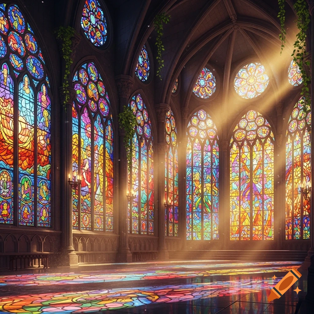 Grand fantasy cathedral interior with intricate stained glass windows casting colorful light patterns on the floor, dramatic sunlight beams.