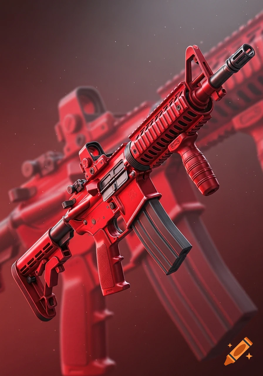 A highly detailed, stylized red M416 assault rifle with black accents, set against a blurred red background.