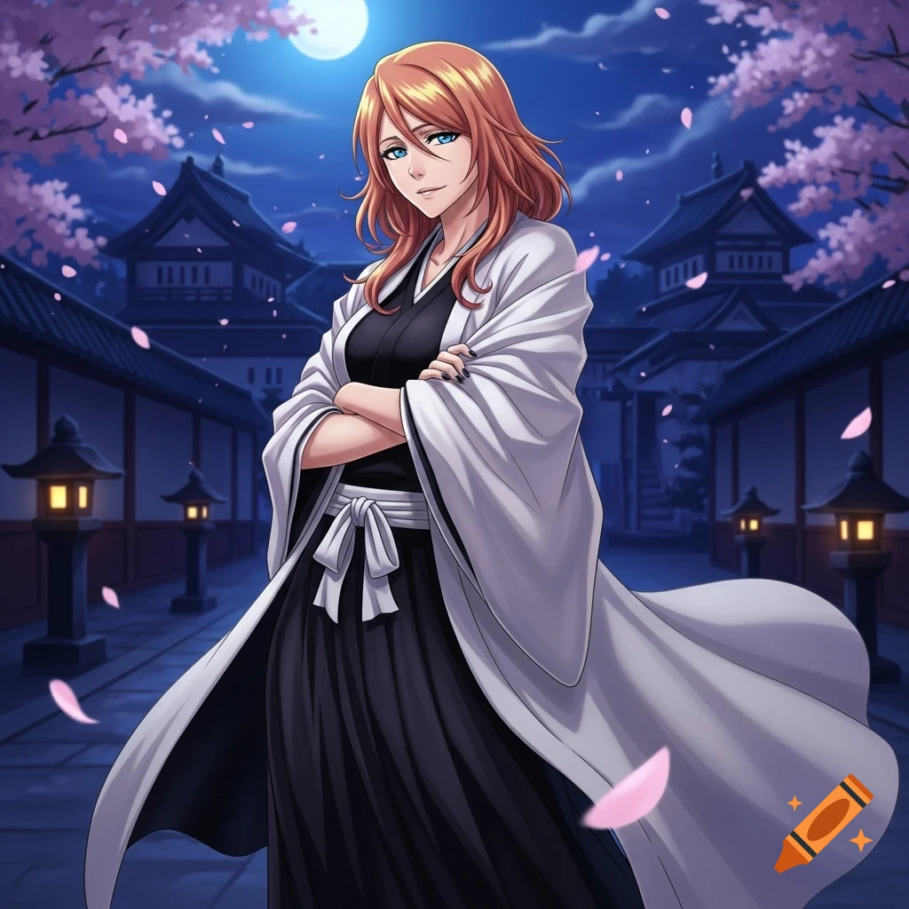 Anime woman with red hair, blue eyes, in white haori, arms crossed, on a traditional Japanese street at night under a full moon.