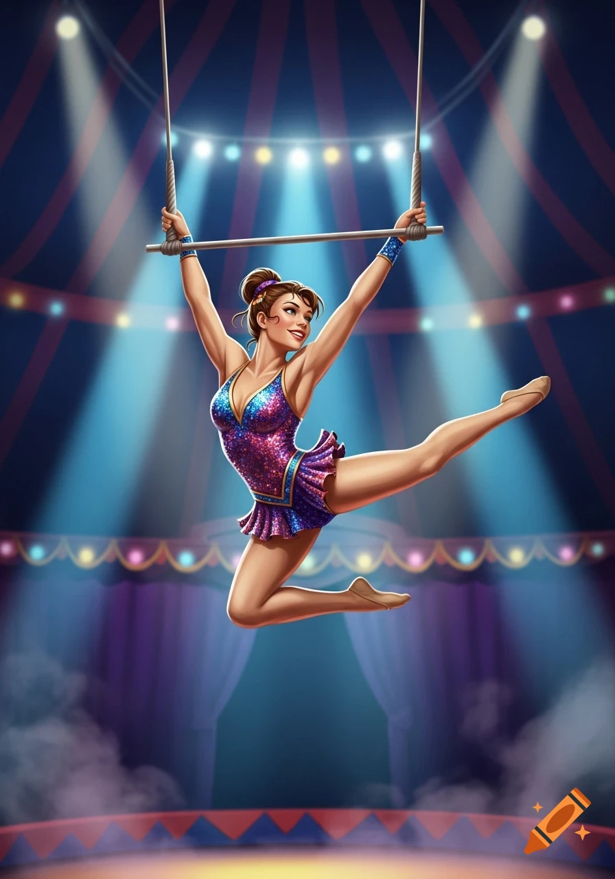 Vibrant illustration of a female trapeze artist in a glittery costume, performing a mid-air split under spotlights in a circus tent.