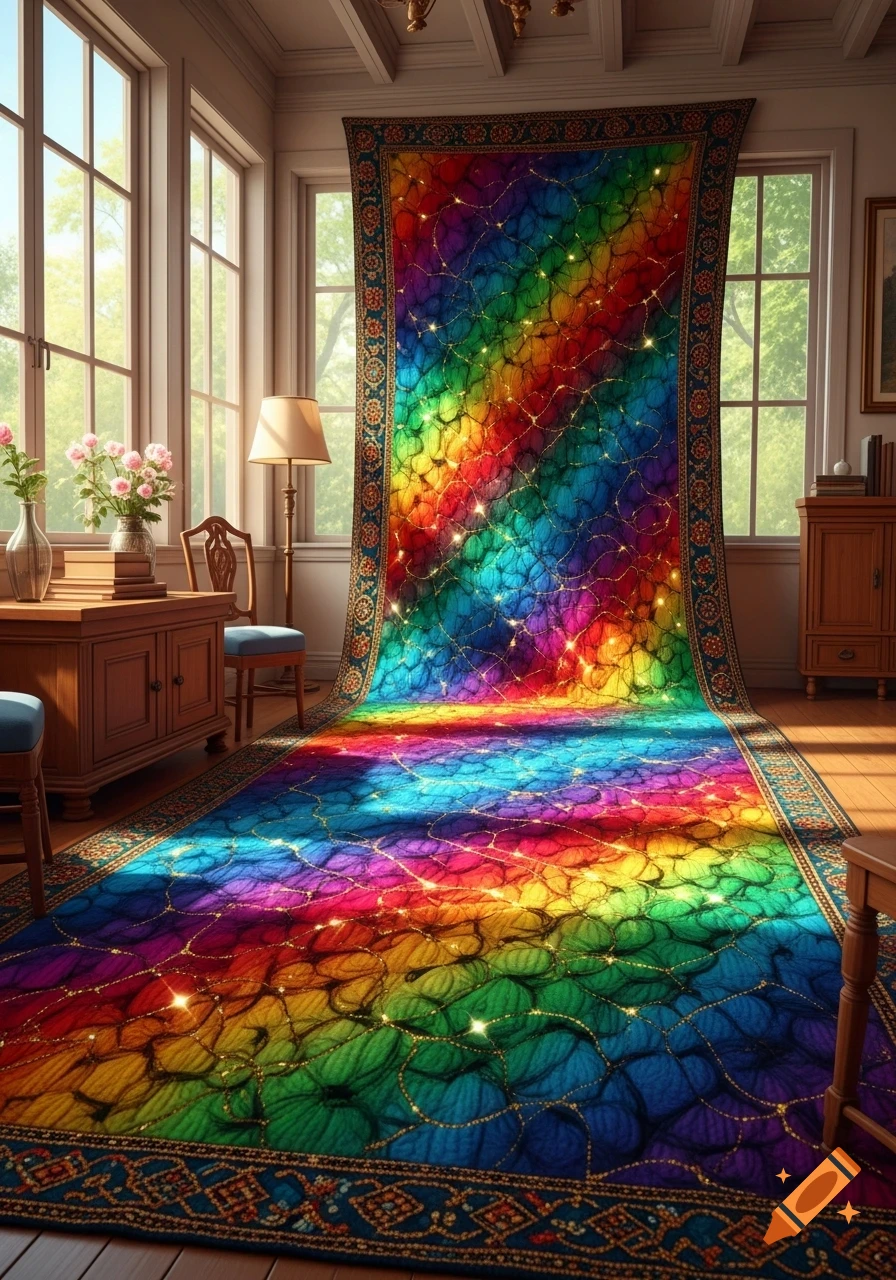 A vibrant rainbow rug cascades from the ceiling to the floor in a sunlit room with large windows and wooden furniture.
