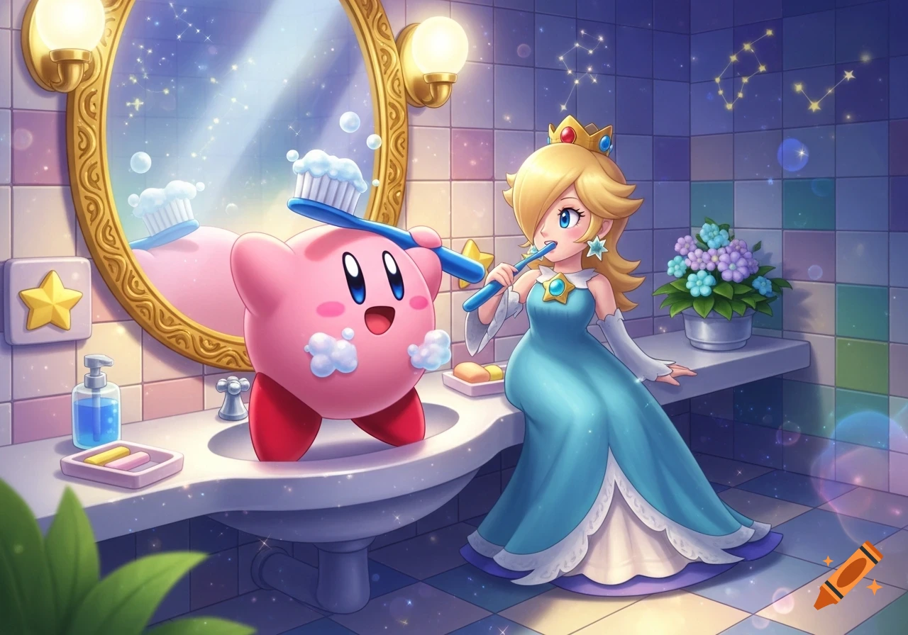 Kirby and Rosalina brush their teeth in a whimsical cartoon bathroom filled with stars.