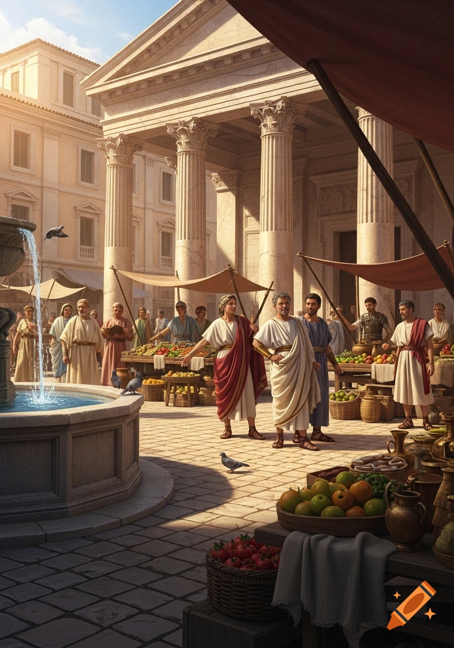 A vibrant ancient Roman market scene with people, fruit stalls, a fountain, and classical architecture under a sunny sky.