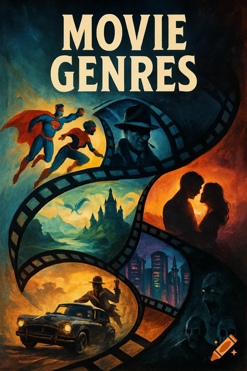 Illustrated movie poster with 'MOVIE GENRES' title, showing diverse film genres like superheroes, noir, fantasy, romance, action, and horror in a winding film strip.