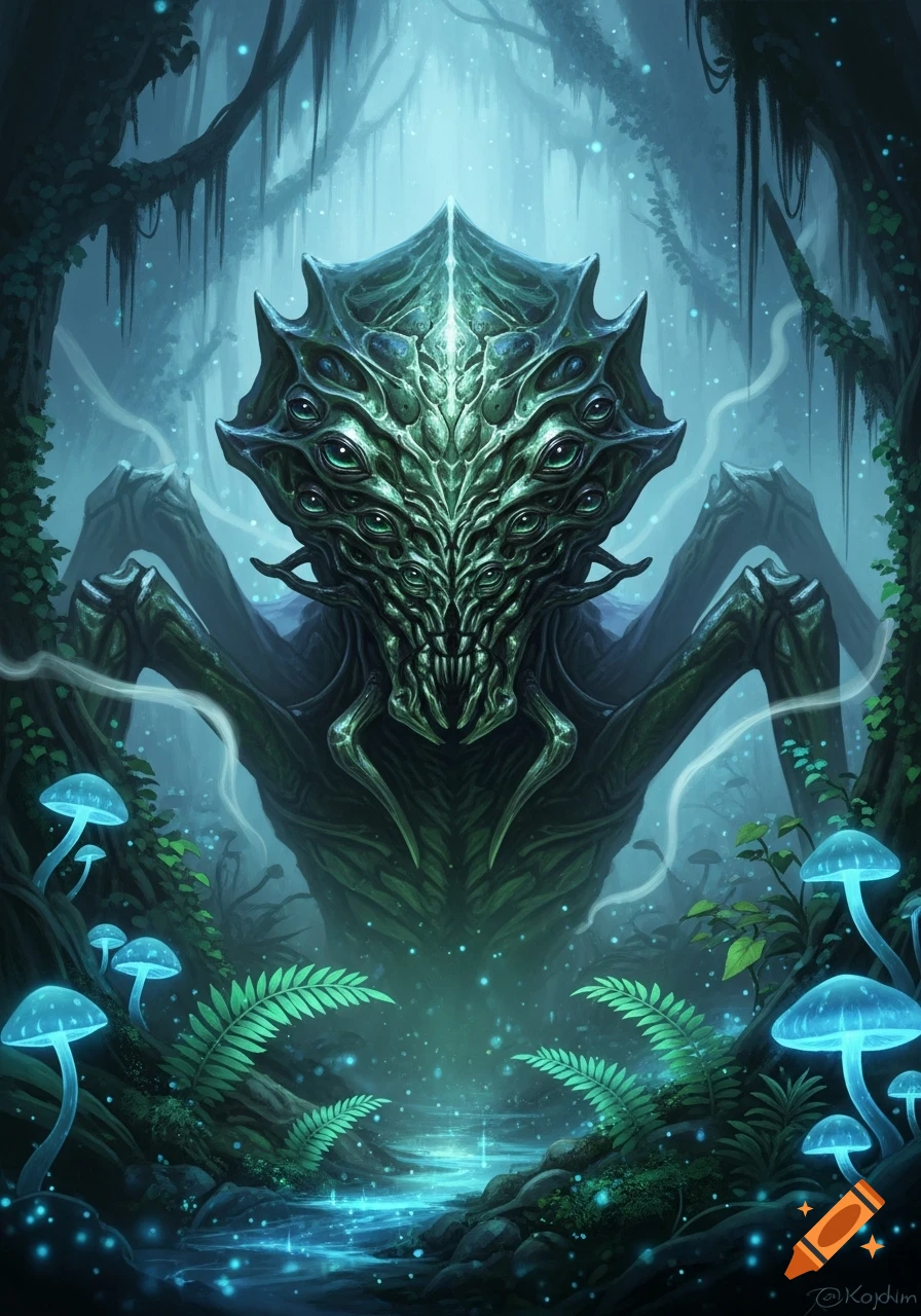 A multi-eyed green alien monster with sharp teeth stands in a glowing blue fantasy forest with bioluminescent mushrooms.