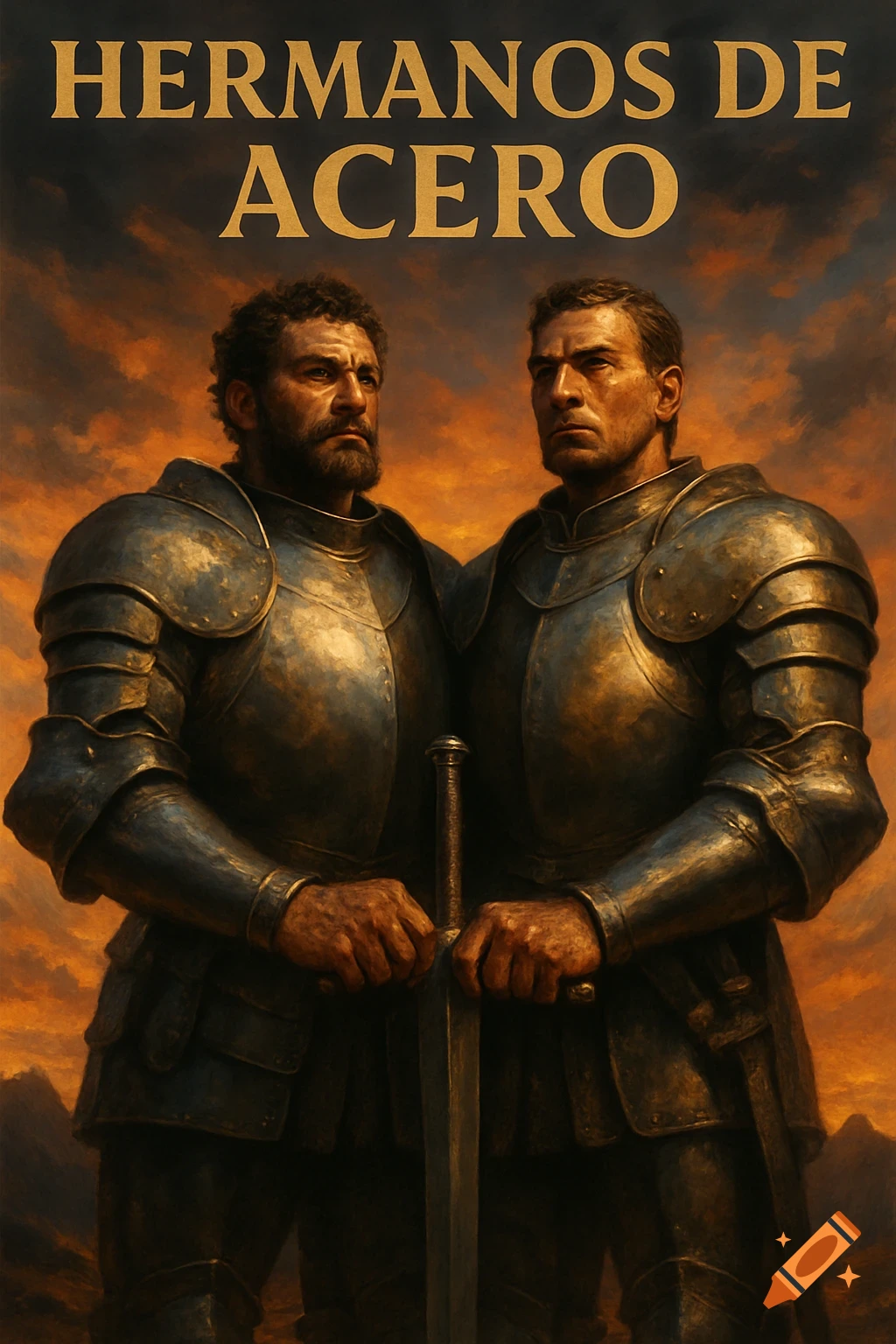 Two stern knights in detailed armor, holding a sword, stand against a dramatic orange sky with 'HERMANOS DE ACERO' text.