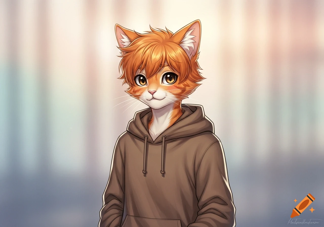 Anime-style anthropomorphic orange cat boy with short hair and a shy expression, wearing a brown hoodie.