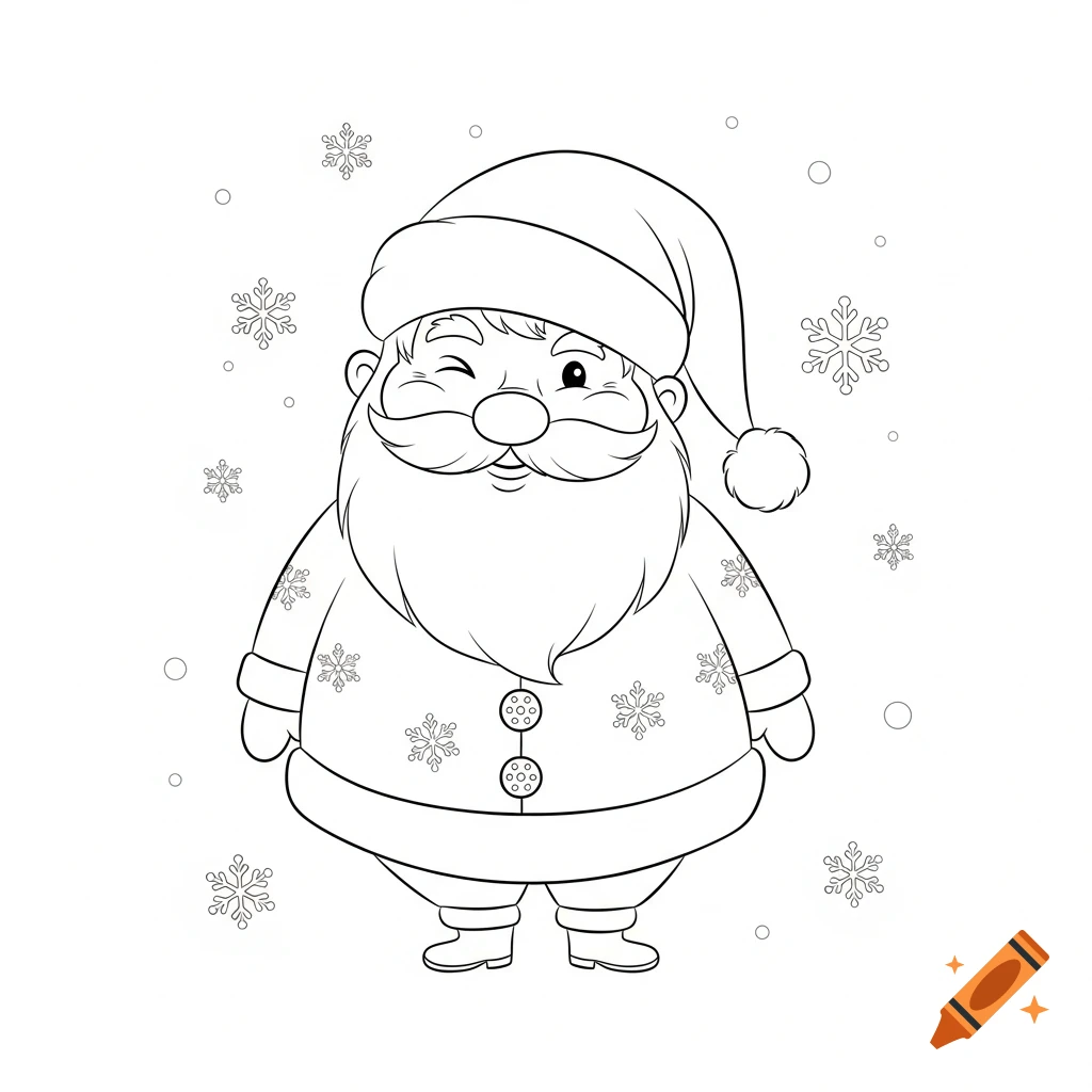 Black and white line drawing of a winking, chubby Santa Claus in a hat and beard, with snowflakes around him, suitable for a coloring book.