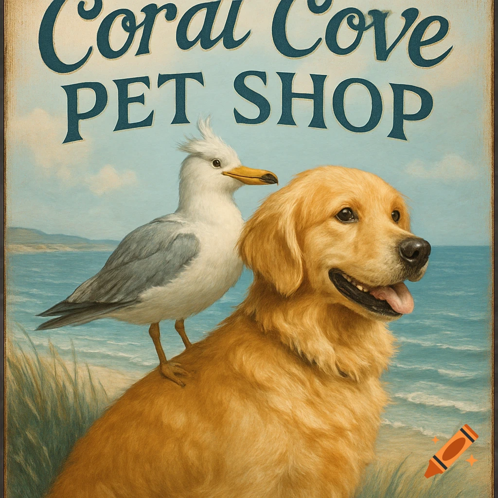 A vintage-style illustration of a golden retriever and a seagull on a beach, with a sign reading 'Coral Cove Pet Shop' above.