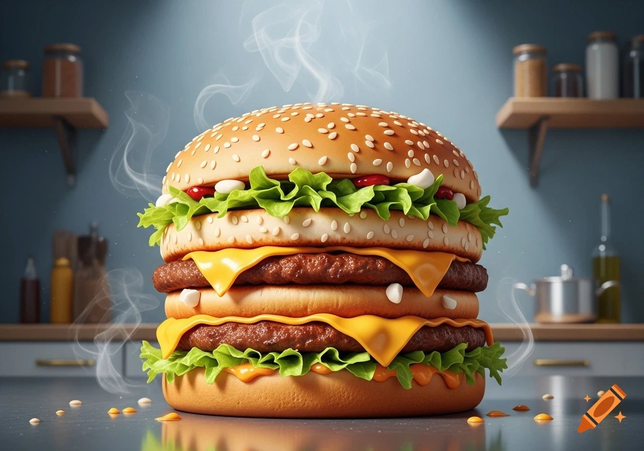 A towering, steamy double cheeseburger with fresh lettuce, red condiments, and sesame seeds on a bun, set in a kitchen.