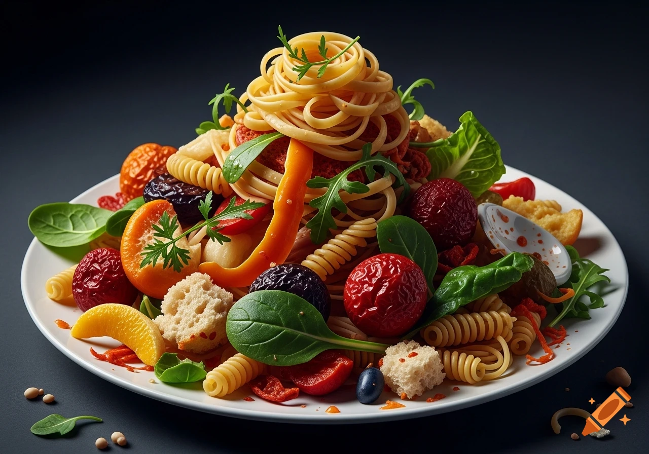 Hyper-realistic, messy plate piled high with pasta, various vegetables, fruit pieces, and bread on a dark background.