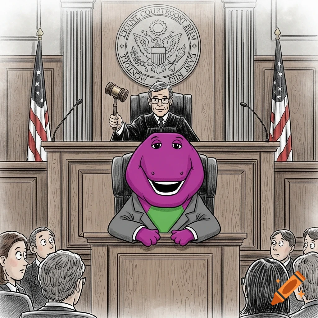 Courtroom sketch of Barney the dinosaur, wearing a suit, seated at a defense table while a judge with a gavel presides.