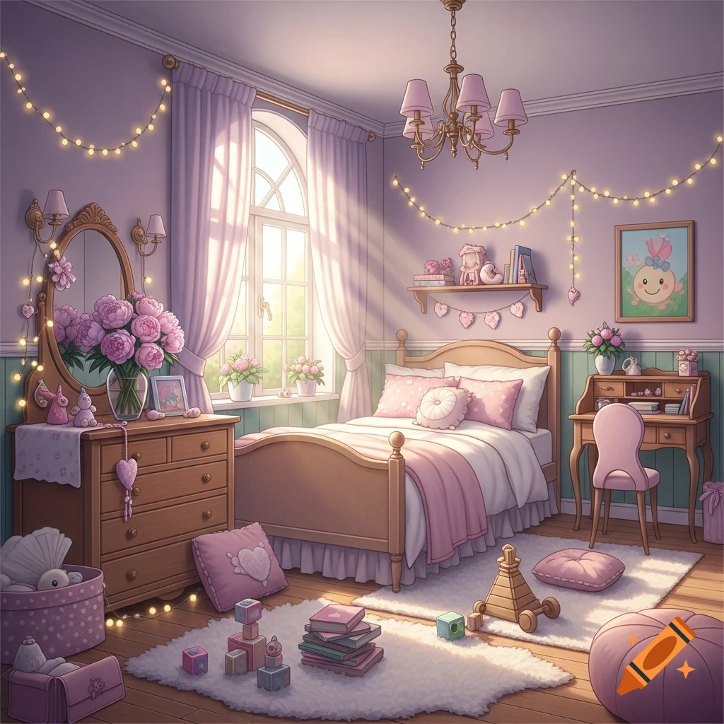 A charming girl's bedroom in an illustration style, featuring a pink bed, wooden dresser with flowers, a desk, and toys on a rug, bathed in soft light.