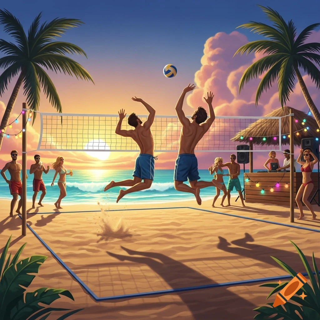 Vibrant illustration of a beach volleyball game at sunset with people partying, palm trees, and colorful lights.