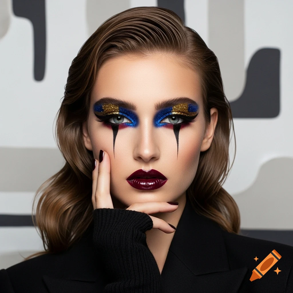 Close-up of a woman with dramatic blue and gold glitter eyeshadow, black teardrop makeup, and dark red lipstick.