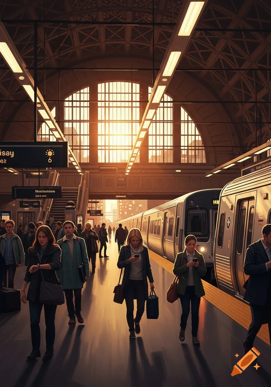 A busy train station with commuters and trains, bathed in the warm glow of sunset. Photorealistic style.