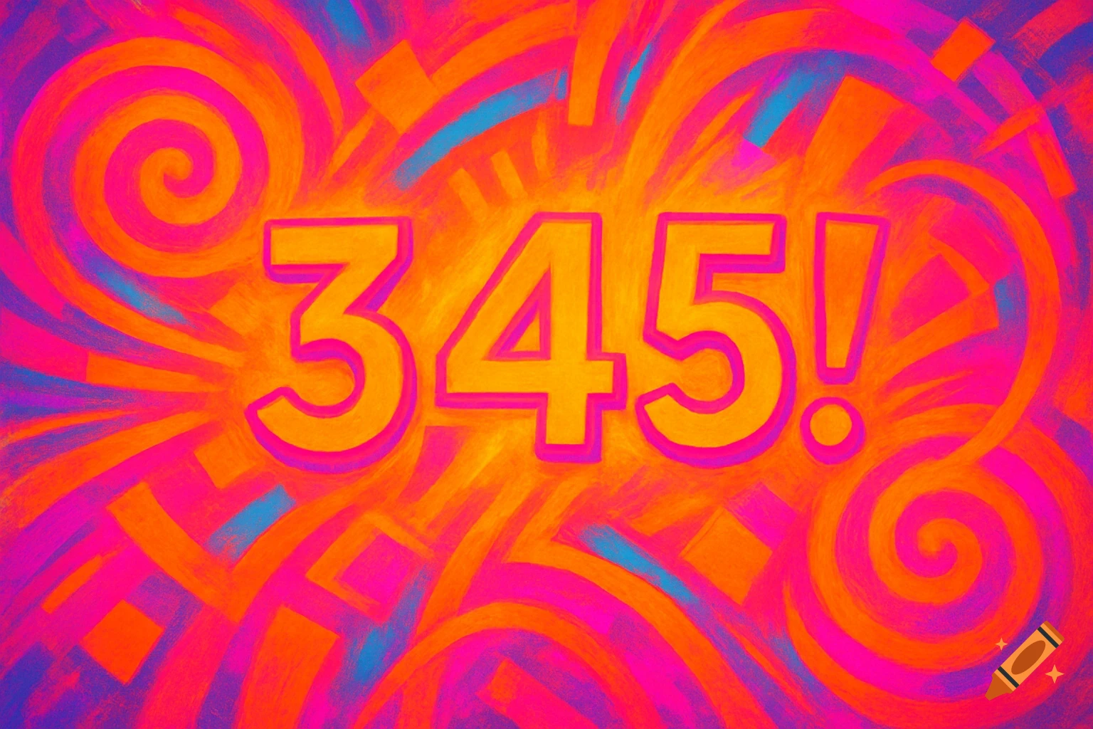 The numbers 345! in a bright orange color with a pink outline, against a vivid, abstract background of swirling orange, pink, and blue shapes.