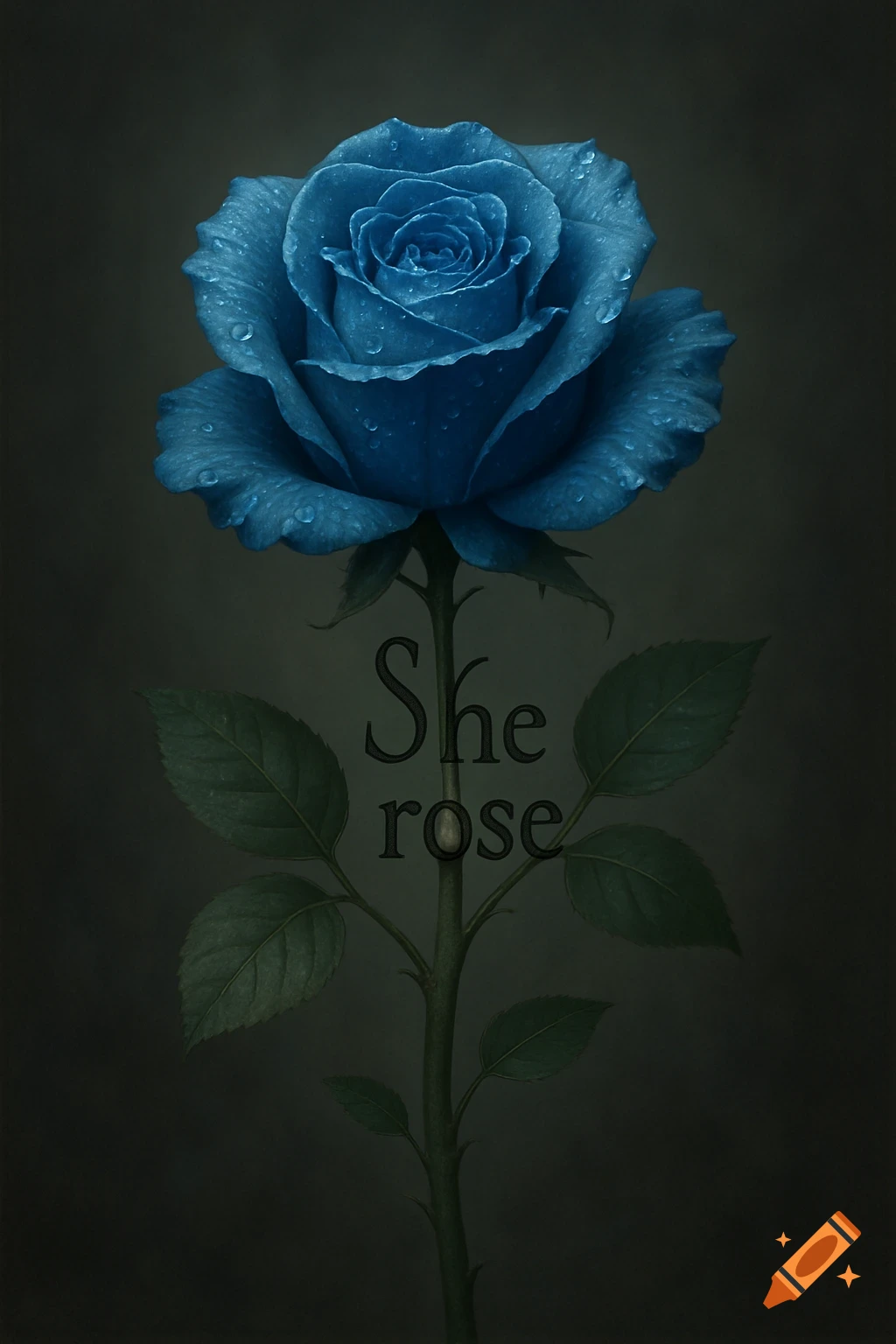 A vibrant blue rose with dew drops on its petals stands against a dark background, with the words 'She rose' written vertically on its stem.