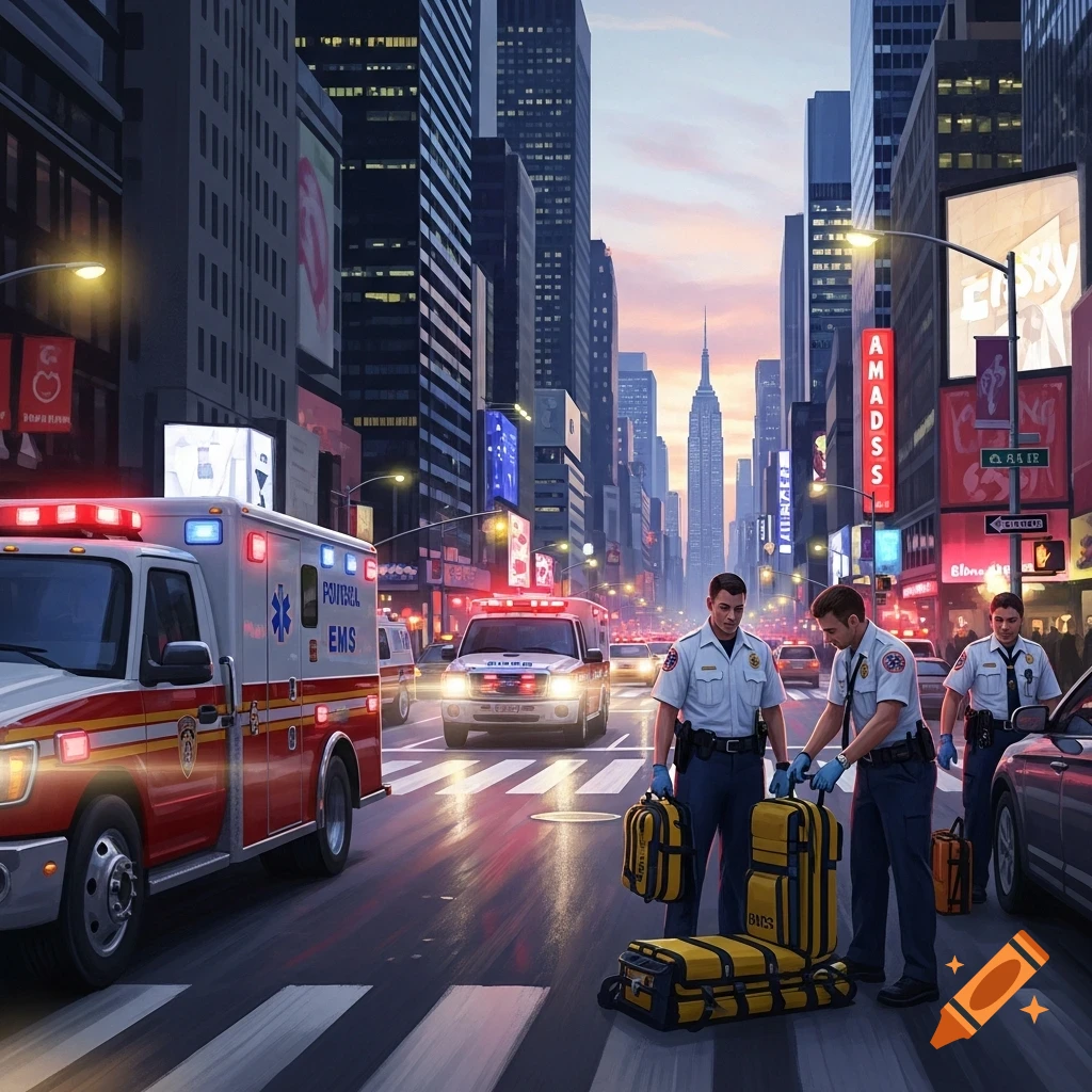 EMS personnel and ambulances on a busy New York City street at dusk, with skyscrapers in the background.