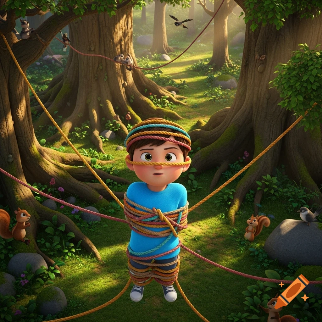 A 3D animated boy in a blue shirt is bound with colorful ropes in a bright, lush forest, as squirrels and birds observe him.