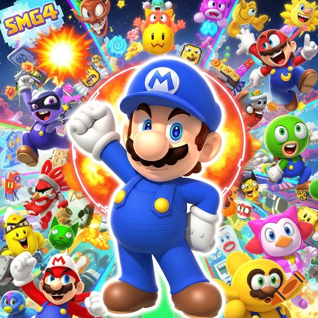 A blue Mario character poses with a fist raised in front of a vibrant background filled with numerous cartoon video game characters and creatures.