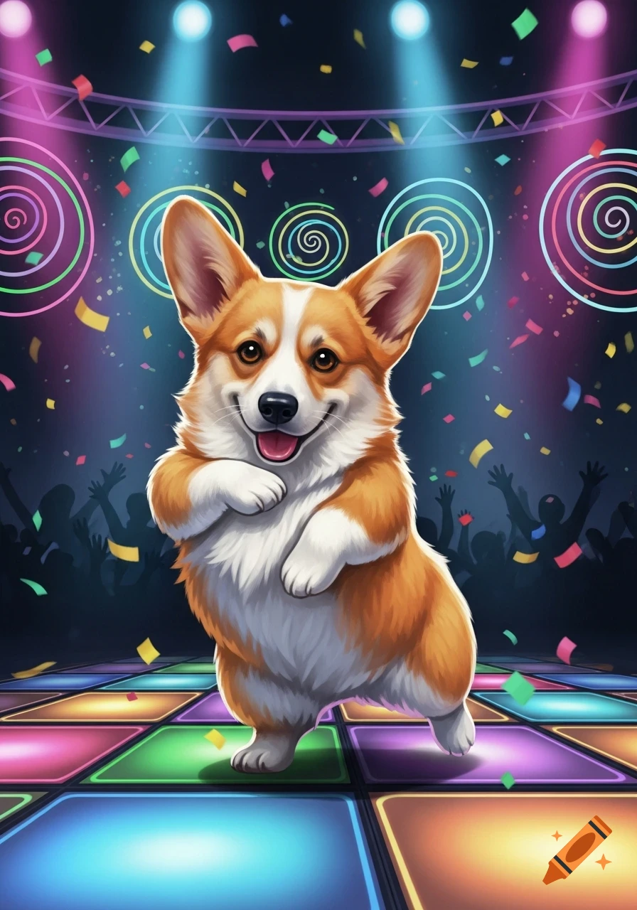 A fluffy cartoon corgi dog dances on its hind legs on a vibrant disco dance floor with confetti and spotlights.