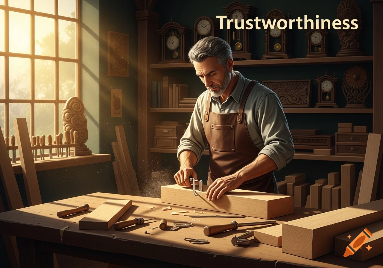A skilled craftsman in a brown apron precisely carves wood in a sunlit workshop, with 'Trustworthiness' written in the background.