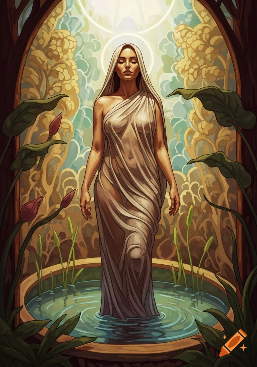 An Art Nouveau illustration of a serene woman in translucent white drapes standing in water, surrounded by lush plants under soft light.