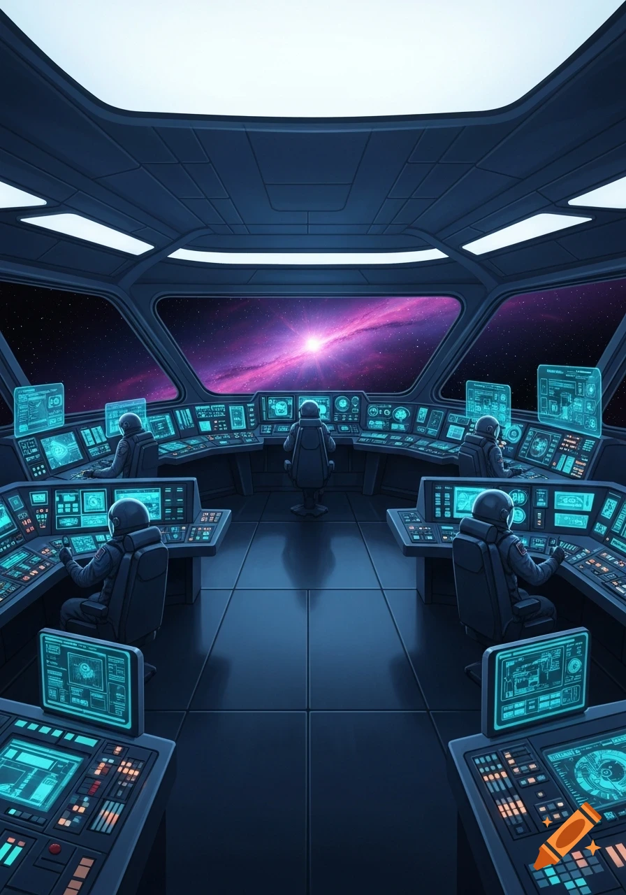 A futuristic spaceship bridge with multiple astronauts at control panels, overlooking a vibrant purple nebula in space.