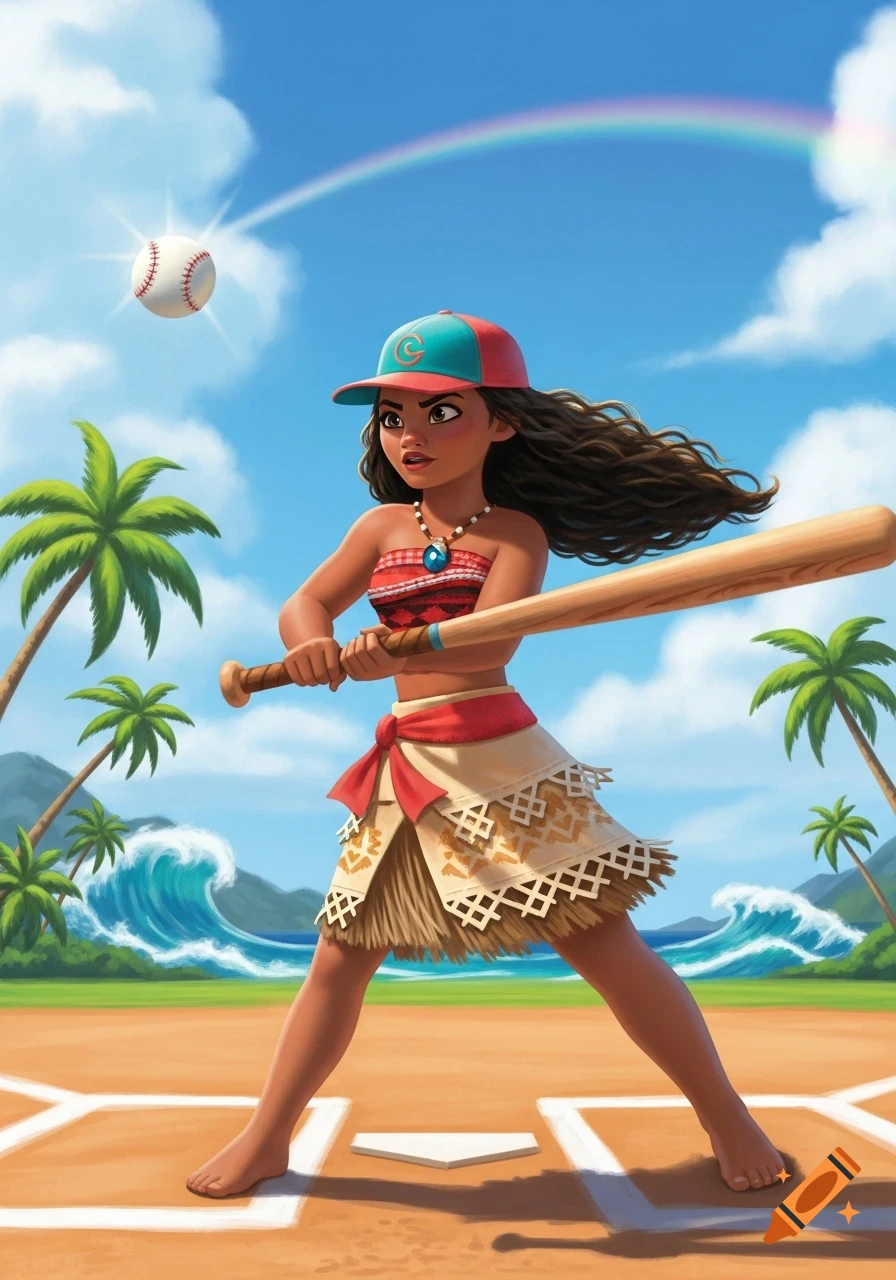 Moana in a baseball cap and traditional attire swings a baseball bat on a field with palm trees, waves, and a rainbow.