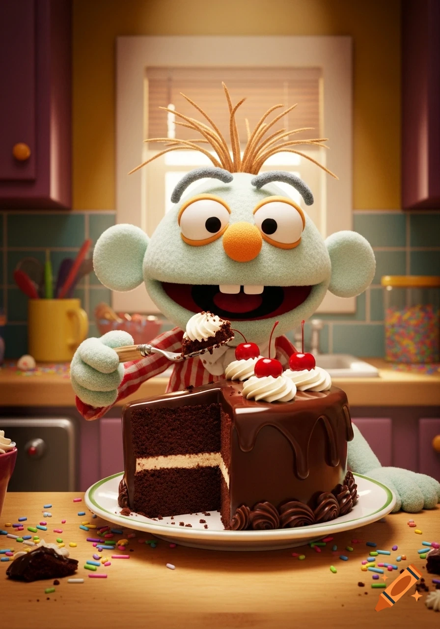 A light green puppet with spiky hair and an orange nose happily eats a slice of chocolate cake in a kitchen.