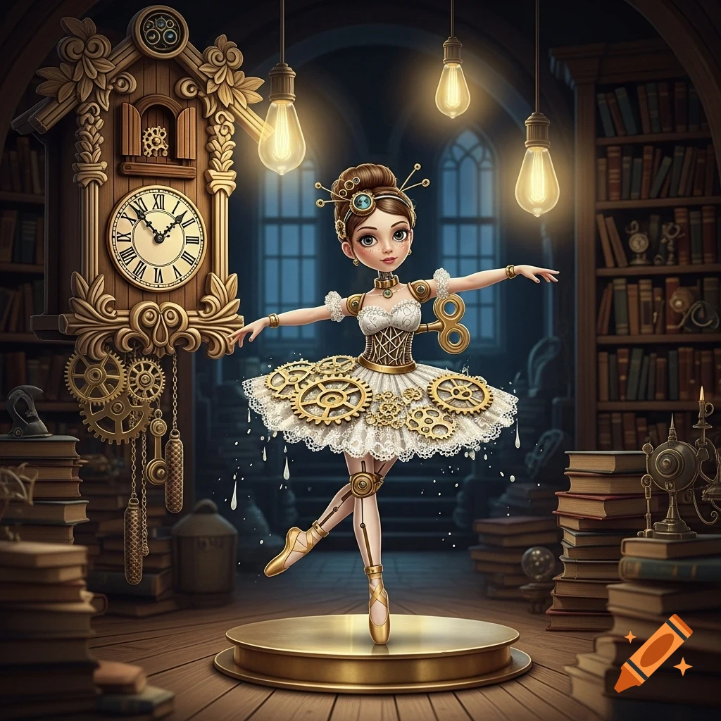 A detailed steampunk ballerina doll, with gears on her skirt, poses on a golden stage in a dimly lit library beside a grand clock.