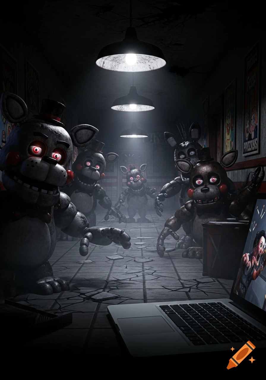 Several scary animatronic characters with red glowing eyes in a dark, dilapidated room, surrounding a laptop showing a screaming person.