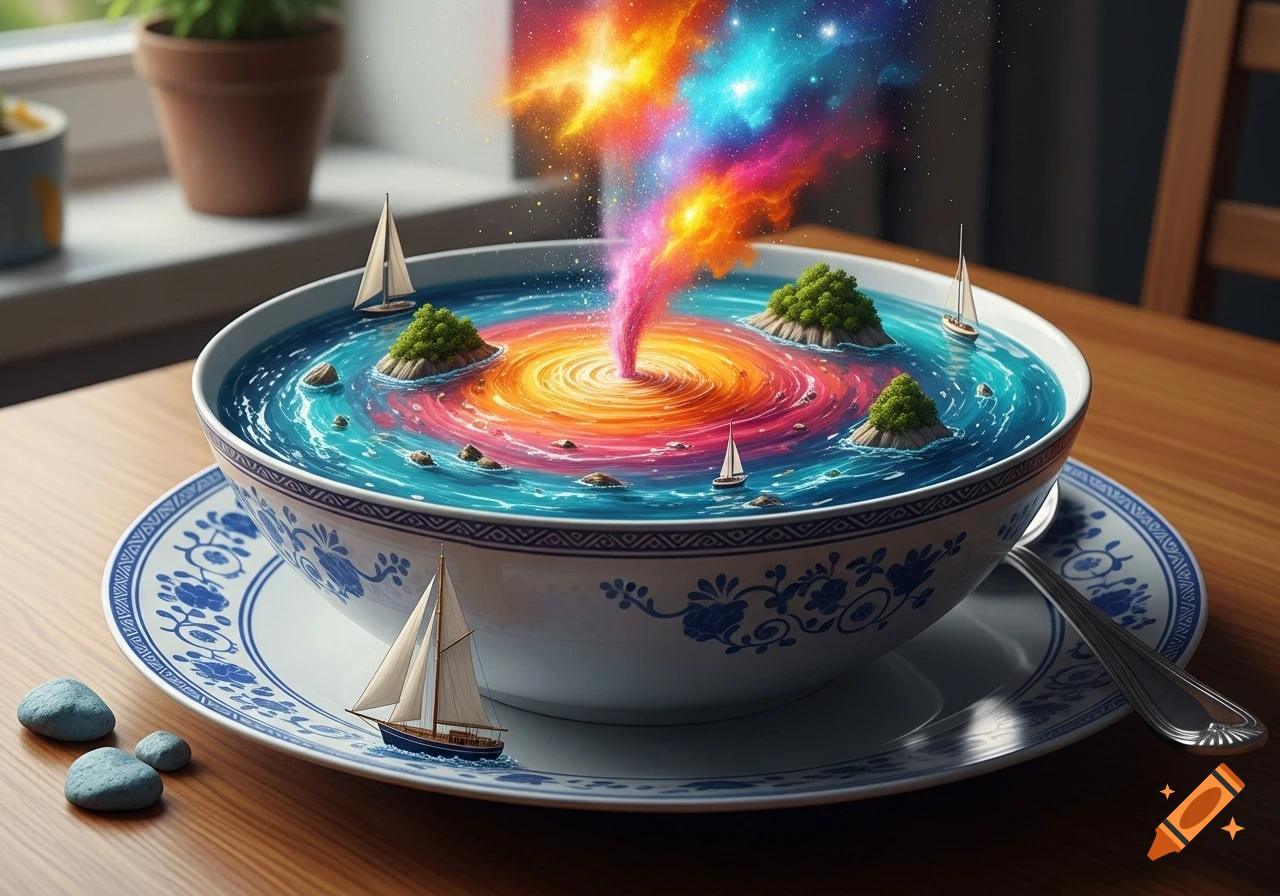A fantastical miniature sea with a colorful swirling vortex, small islands, and sailboats inside a patterned soup bowl on a wooden table.