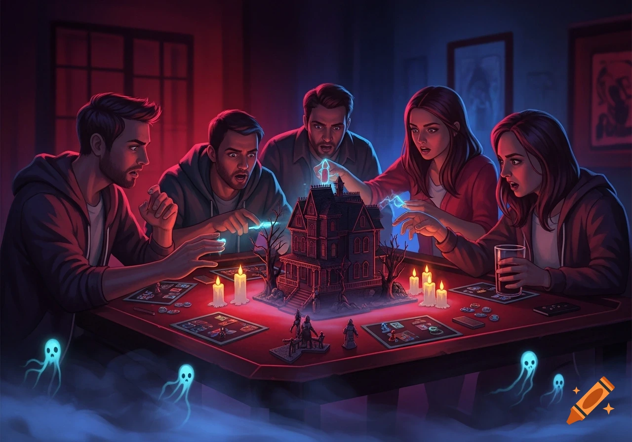 Five friends excitedly playing a spooky board game with a haunted house model, candles, and glowing ghosts in a dimly lit room. Stylized illustration.