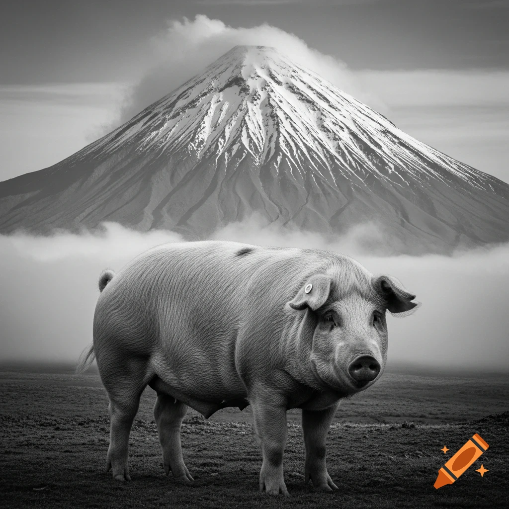 A large pig stands in a grassy field with a snow-capped volcano partially shrouded in clouds behind it, in a black and white photo.