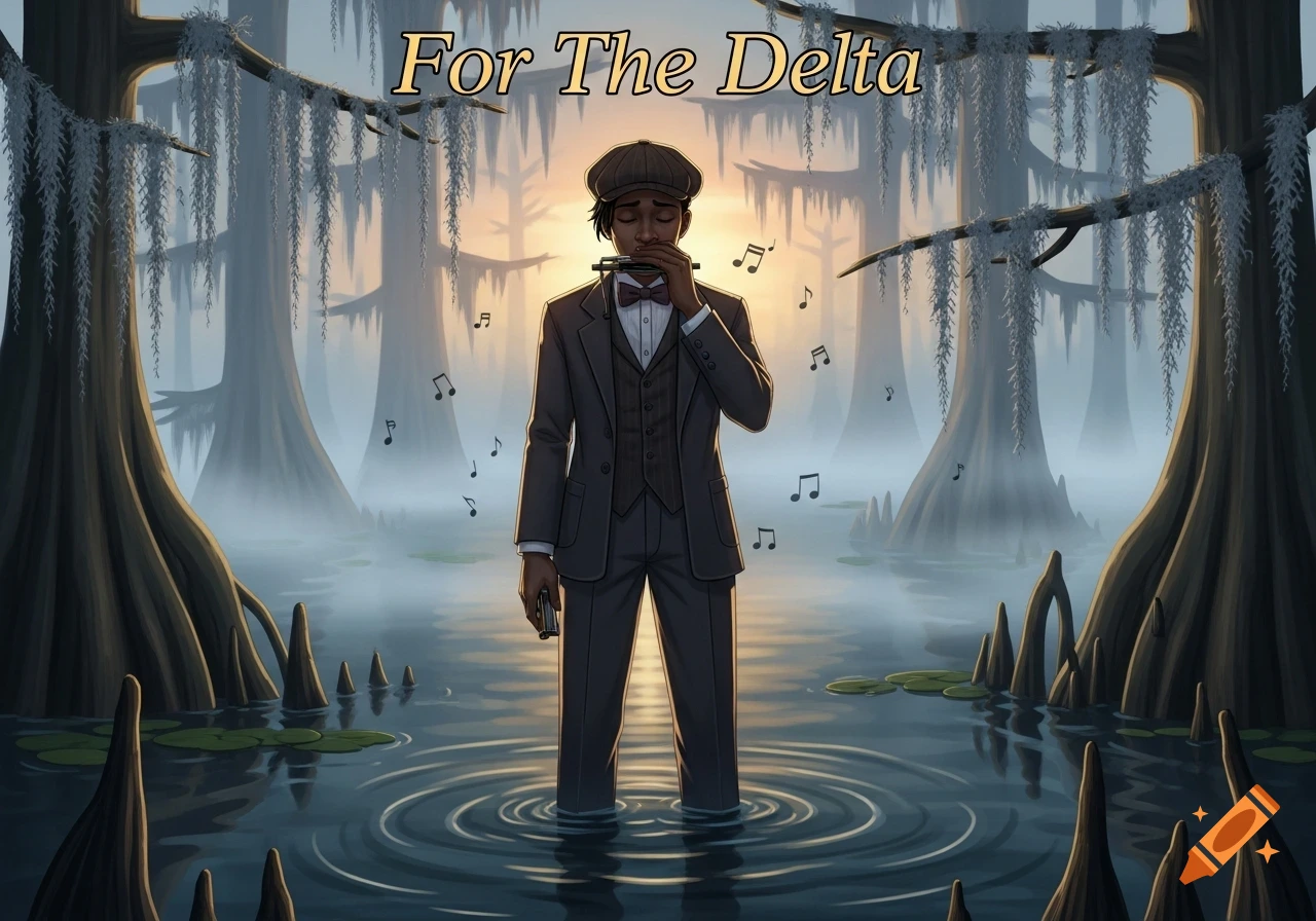 A stylized illustration of a person in a suit and flat cap, standing in a misty swamp playing a harmonica, with music notes floating around. Text at the top reads "For The Delta".