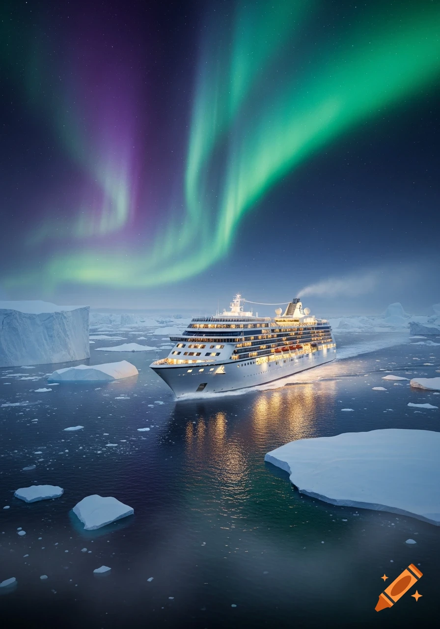 A large cruise ship sailing through an icy sea at night under a vibrant green and purple aurora borealis.