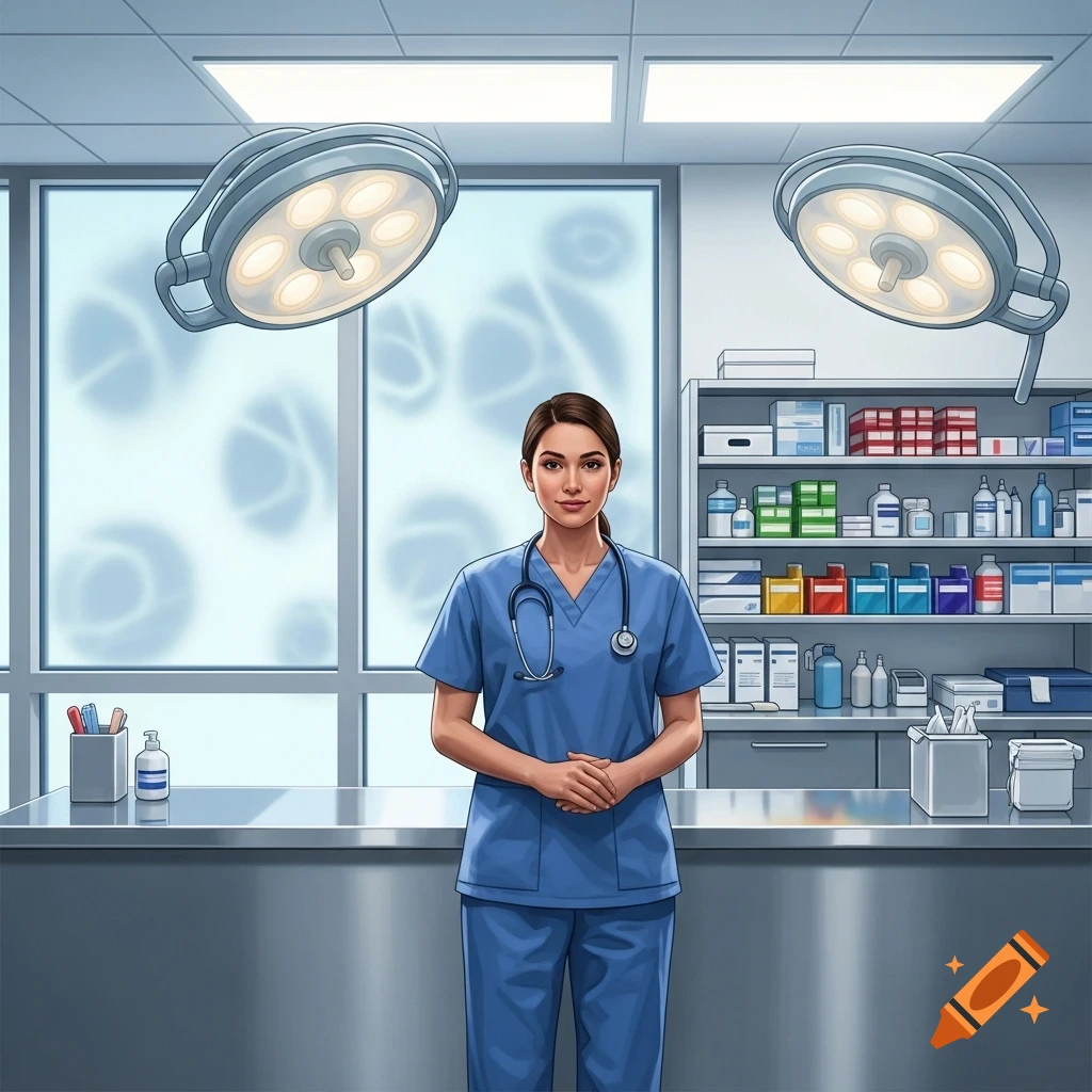 An illustrated female medical assistant in blue scrubs stands in a sterile medical room with surgical lights and shelves of supplies.