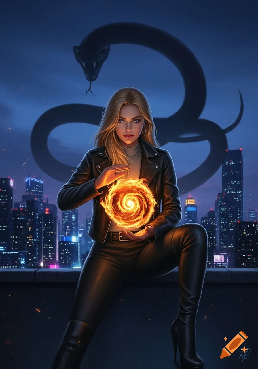 A blonde woman in a black leather outfit holds a glowing fire orb, a large serpent shadow looms behind her over a city skyline at night.