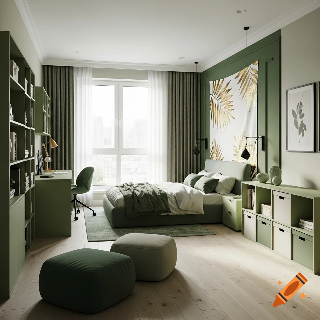 A modern green-themed teenager's bedroom with a double bed, desk, large window, and shelves, featuring gold palm leaf decor.