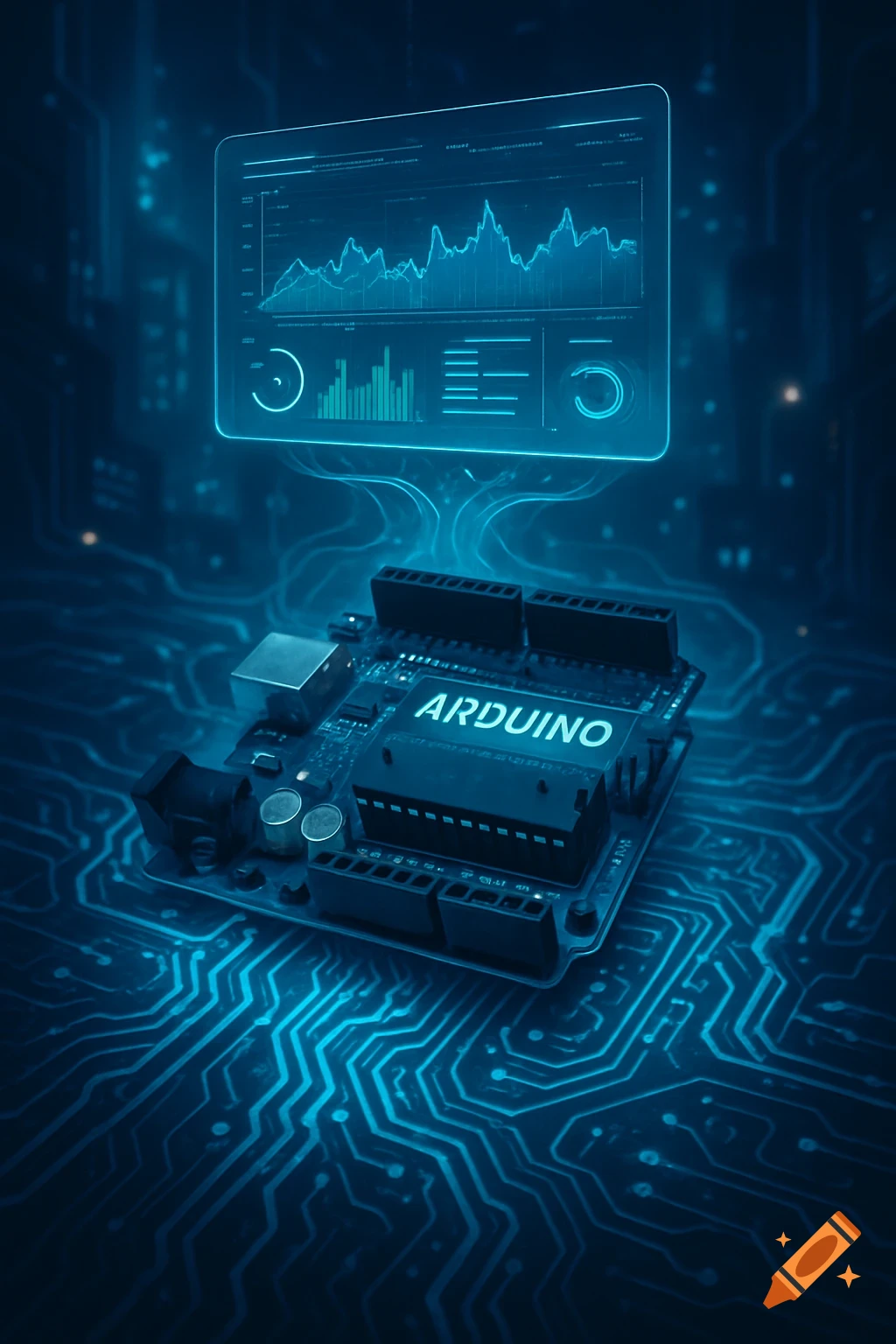 An Arduino board is illuminated by glowing blue circuits against a dark background, with a holographic data display hovering above it.