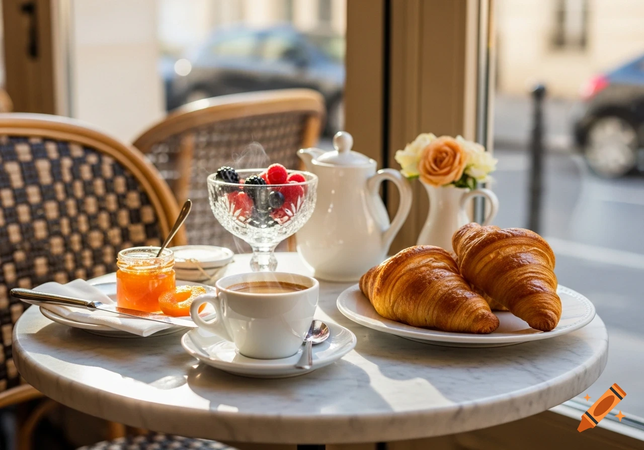 Photorealistic breakfast on a marble table with croissants, coffee, berries, jam, and a teapot by a window.