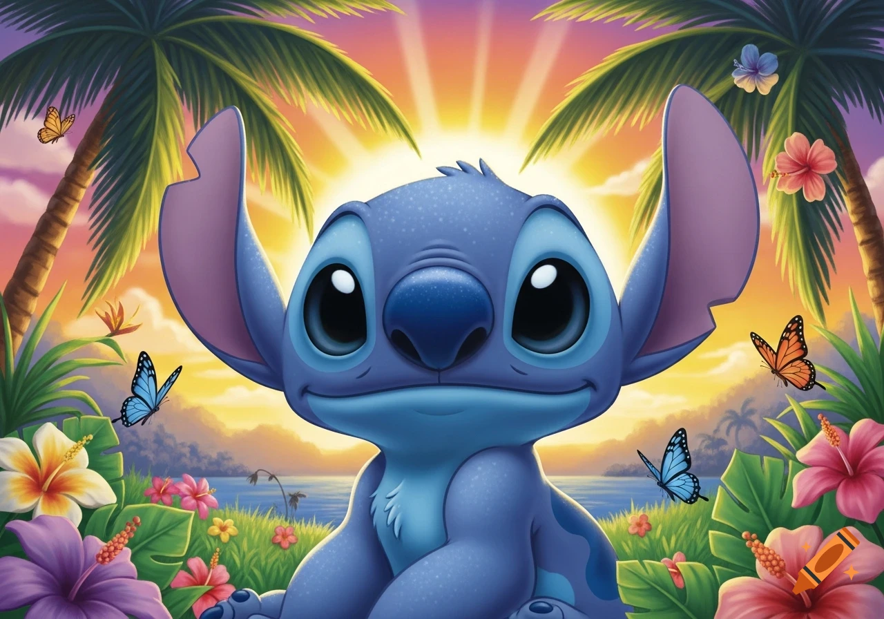 A cute blue Stitch cartoon character sits in a vibrant tropical landscape with palm trees, colorful flowers, and butterflies flying around him, under a sunny sky.